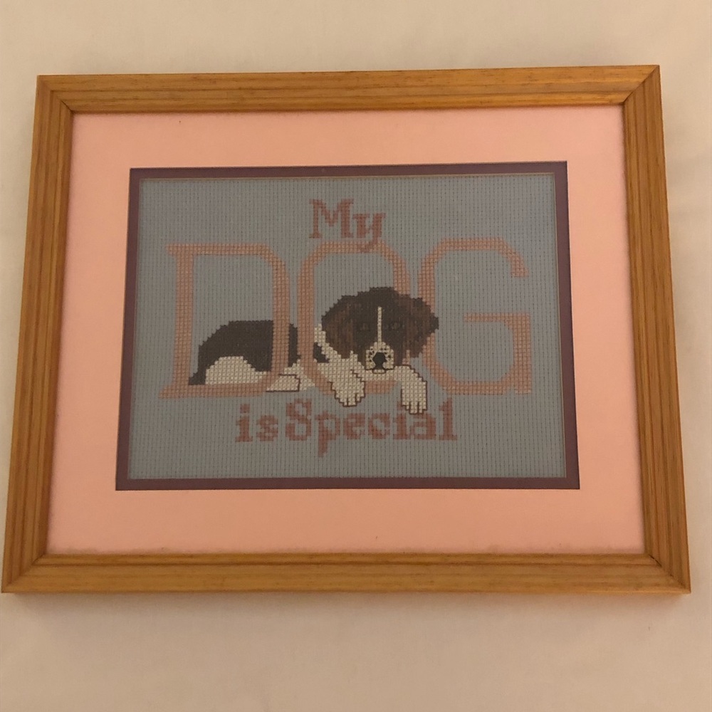 Framed 'My Dog is Special' Cross-Stitch Wall Art - Pink Mat, Blue Background
